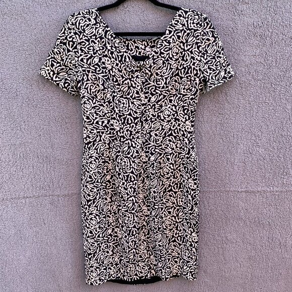 Liz Claiborne Silk Black White Floral Polka Dot Pencil Dress Bow Sz 4 - Picture 4 of 12